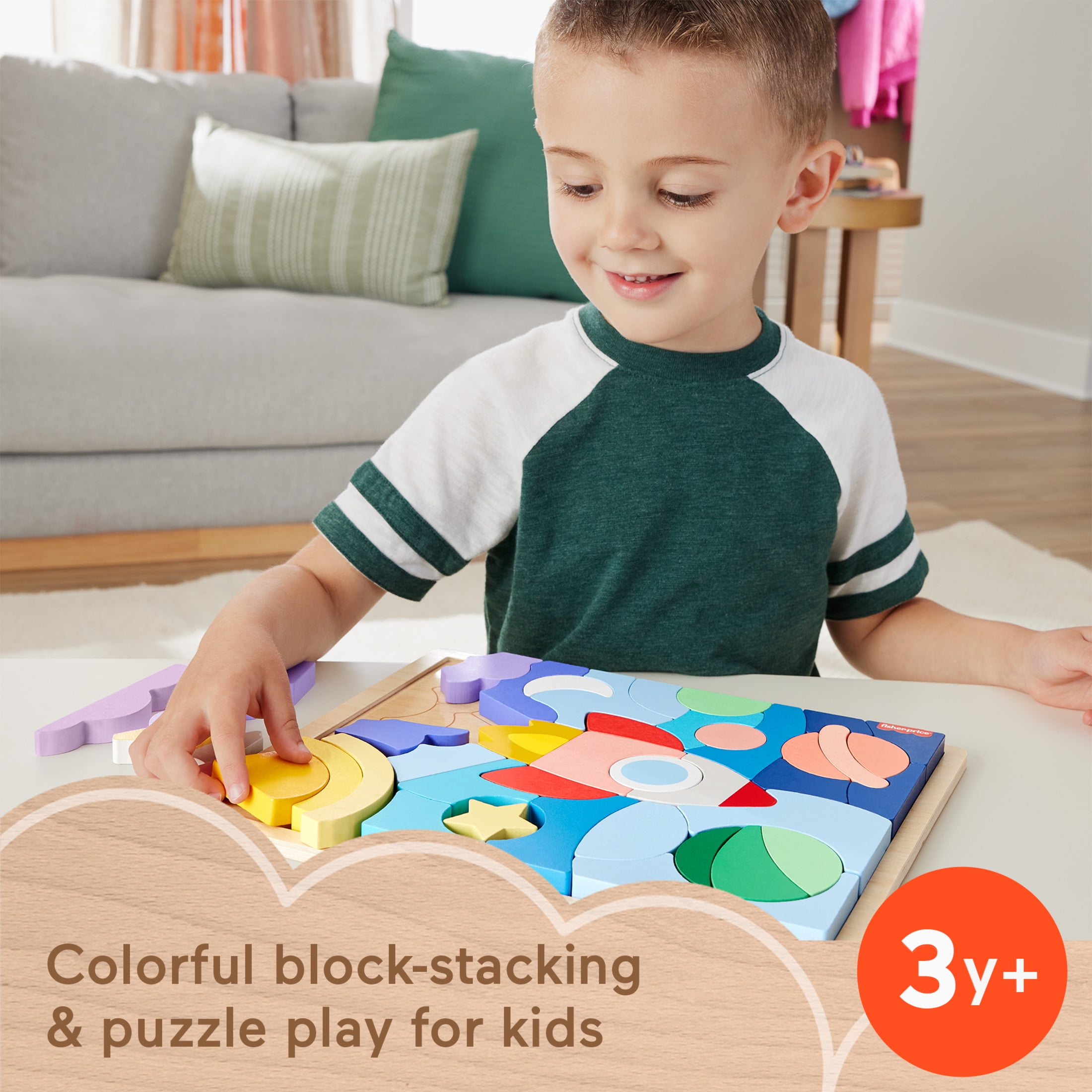 Fisher-Price Wooden Space Blocks Jigsaw Puzzle for Preschool Kids, 42 Wood Pieces to Stack & Sort