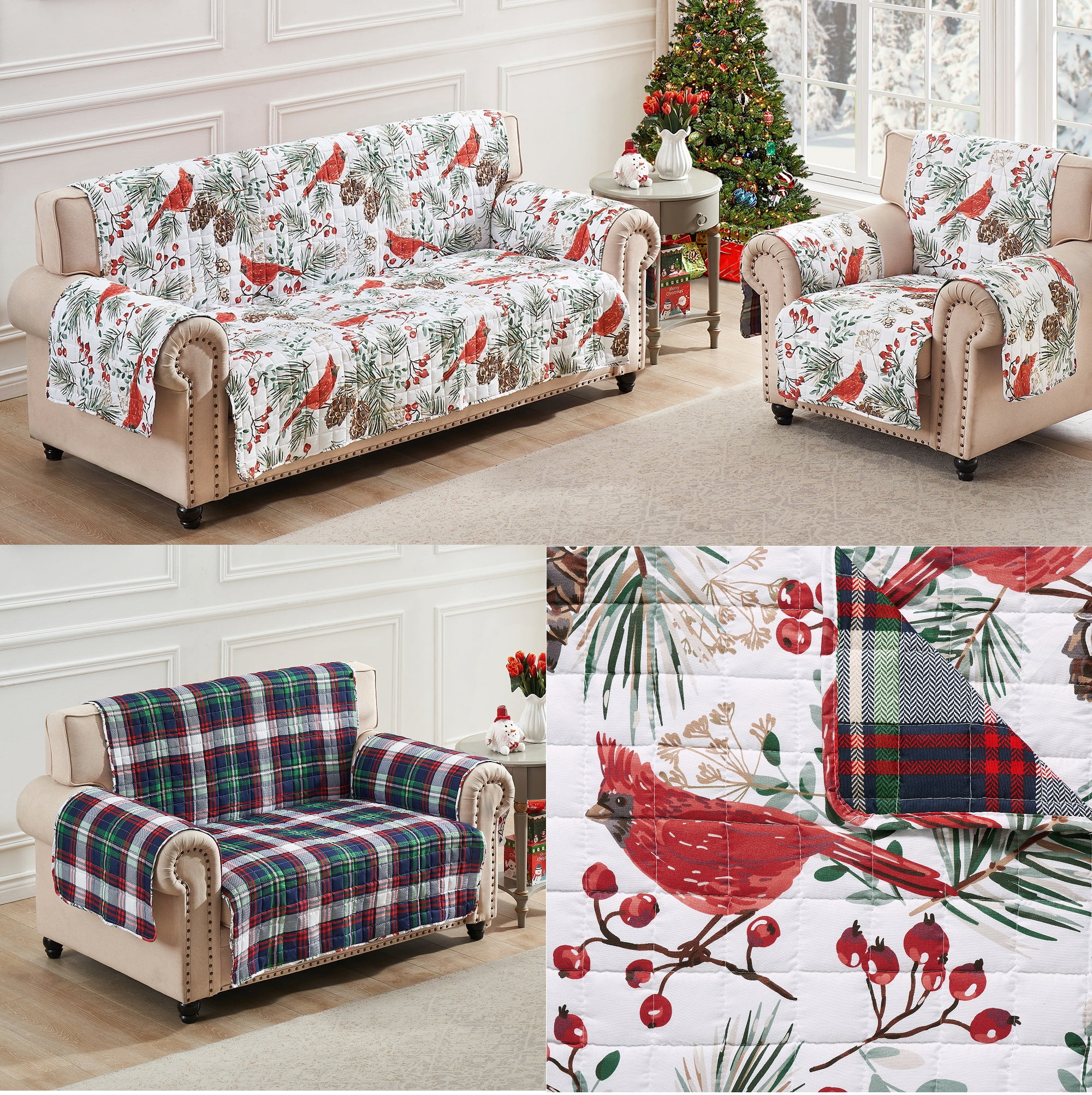 Greenland Home Fashions Cardinal Plaid Reversible Winter Holiday Furniture Cover - Arm Chair Protector