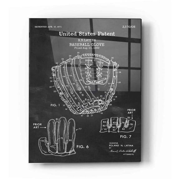 Epic Art 'Baseball Glove, 1971, Blueprint Patent Chalkboard' Acrylic Glass Wall Art, 16"x24"