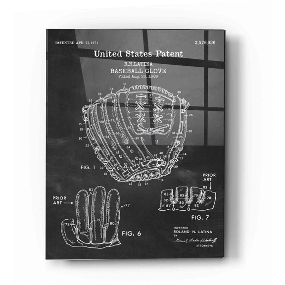 Epic Art 'Baseball Glove, 1971, Blueprint Patent Chalkboard' Acrylic Glass Wall Art, 16"x24"