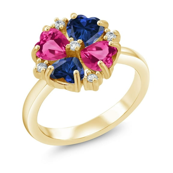 Gem Stone King 18K Yellow Gold Plated Silver Pink Created Sapphire and Blue Created Sapphire Ring for Women (2.28 Cttw, Heart Shape 5MM, Gemstone September Birthstone, Size 7)