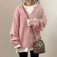 thumbnail image 5 of Sweaters for Women Knitted Knit Notch V Neck Cable Solid Color Puff Bubble Loose Long Sleeve Base Cozy Top, 5 of 9