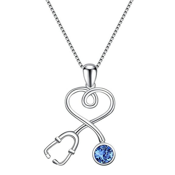 Stethoscope Necklace 925 Sterling Silver Embellished with 12 Months Birthstone Crystals from Austria, Graduation Gifts Medical Jewelry for Doctor Nurse Medical Student RN