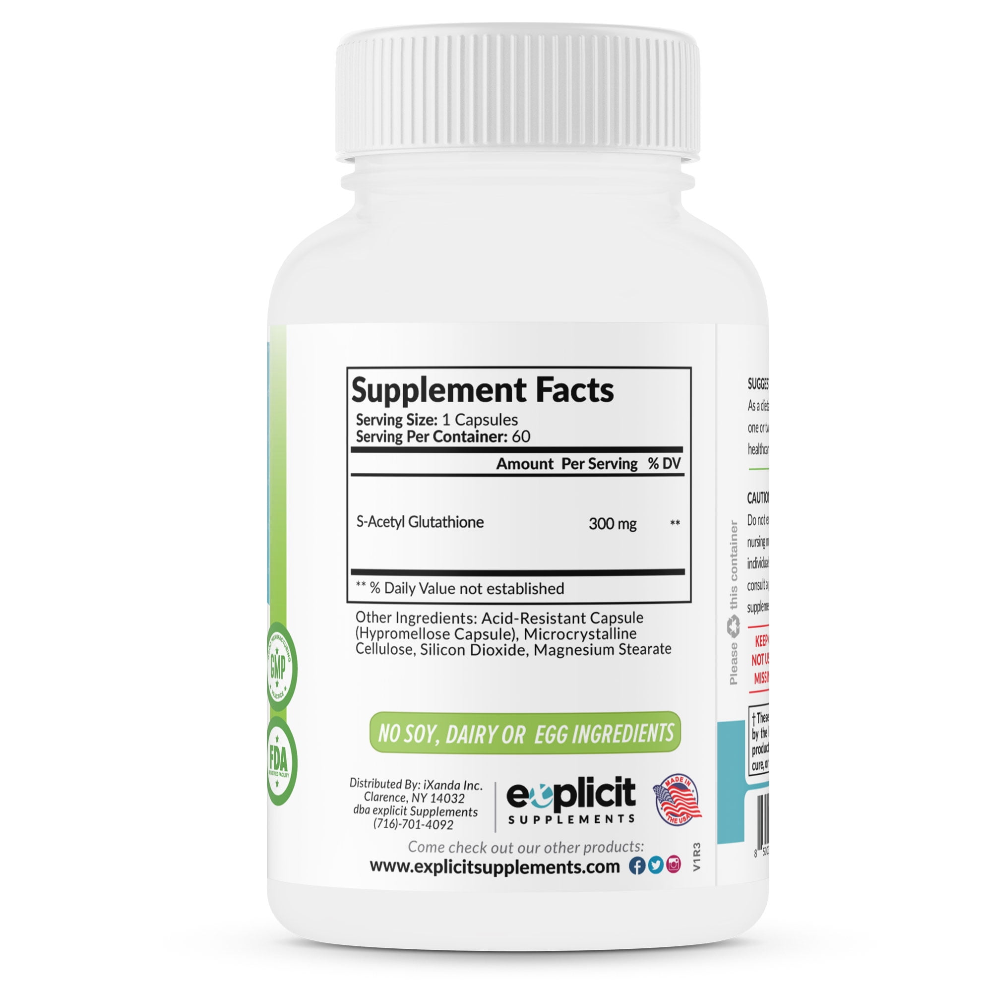 eXplicit Supplements S-Acetyl Glutathione (SAG) 300mg Per Dose, Acid-Resistant Caps, Made in the USA - 60 Capsules