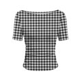 thumbnail image 7 of Htigea Plaid T-Shirts for Women Slim Short Sleeve Boat Neck Tops Cute Tees Y2K Trendy Side Ruched Summer Shirt Black XL, 7 of 7