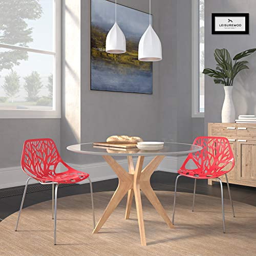 LeisureMod Forest Modern Dining Chair with Chromed Legs, Set of 2 (Red)