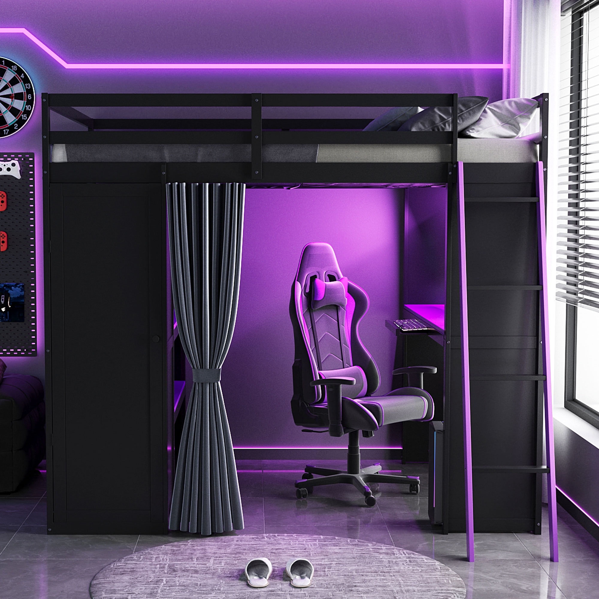 Mintazer Full Size Gaming Loft Bed with Workstation Desk & Wardrobe, Multifunctional Metal Loft Bed with Pegboard & Blackout Curtains, Black & Purple