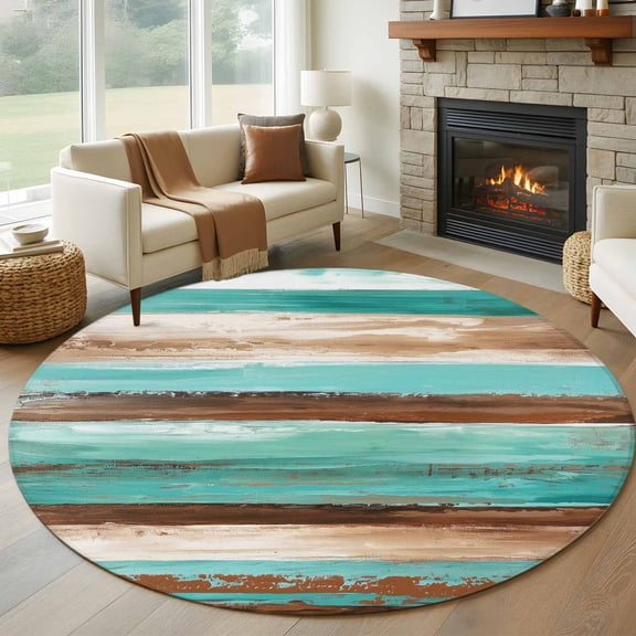 Round Rugs 7Ft, Turquoise Brown Round Area Rug Washable Indoor Throw Carpet, Watercolor Modern Abstract Striped Large Non Slip Circle Rug for Dining Room Playroom Home Decor Aesthetic