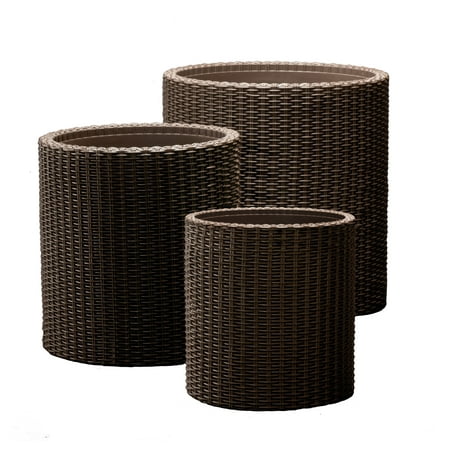 Keter Rattan Cylinder 3-Piece Resin Planter Set, Brown