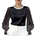 thumbnail image 2 of IUYRTFE Women's Long Sleeve Crew Neck Top Sheer Sleeve Ruffle Cuff Casual Pullover Blouse, 2 of 6