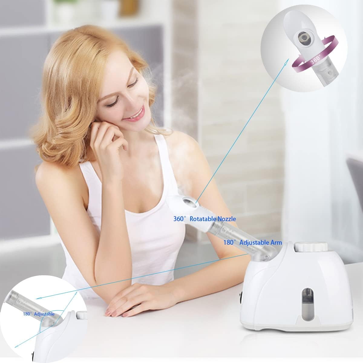 Quiet&Far Facial Steamer Warm Mist Humidifier with Extendable Arm & Adjustable Nozzle for Sinuses Moisturizing Unclogs Pores or deep Cleaning Skin Professional Facial Steamer at Home, White