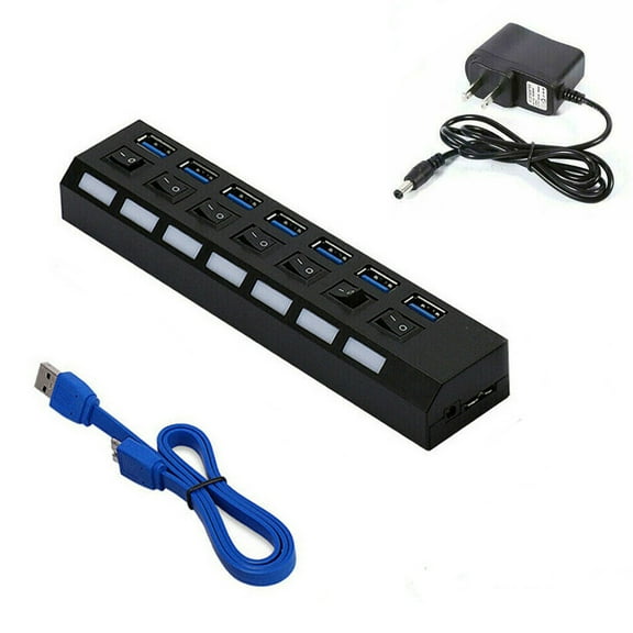 USB 3.0 Hub 7 Port On/Off Switch High Speed Splitter AC Adapter
