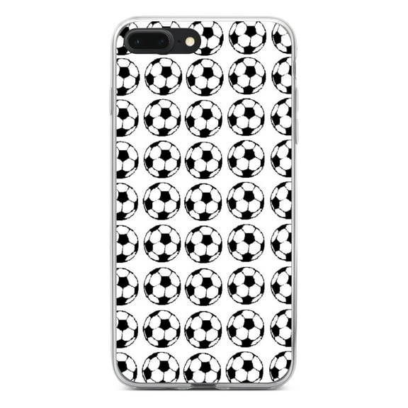 DistinctInk Clear Shockproof Hybrid Case for iPhone 7 PLUS / 8 PLUS (5.5" Screen) - TPU Bumper, Acrylic Back, Tempered Glass Screen Protector - Soccer Balls Drawing
