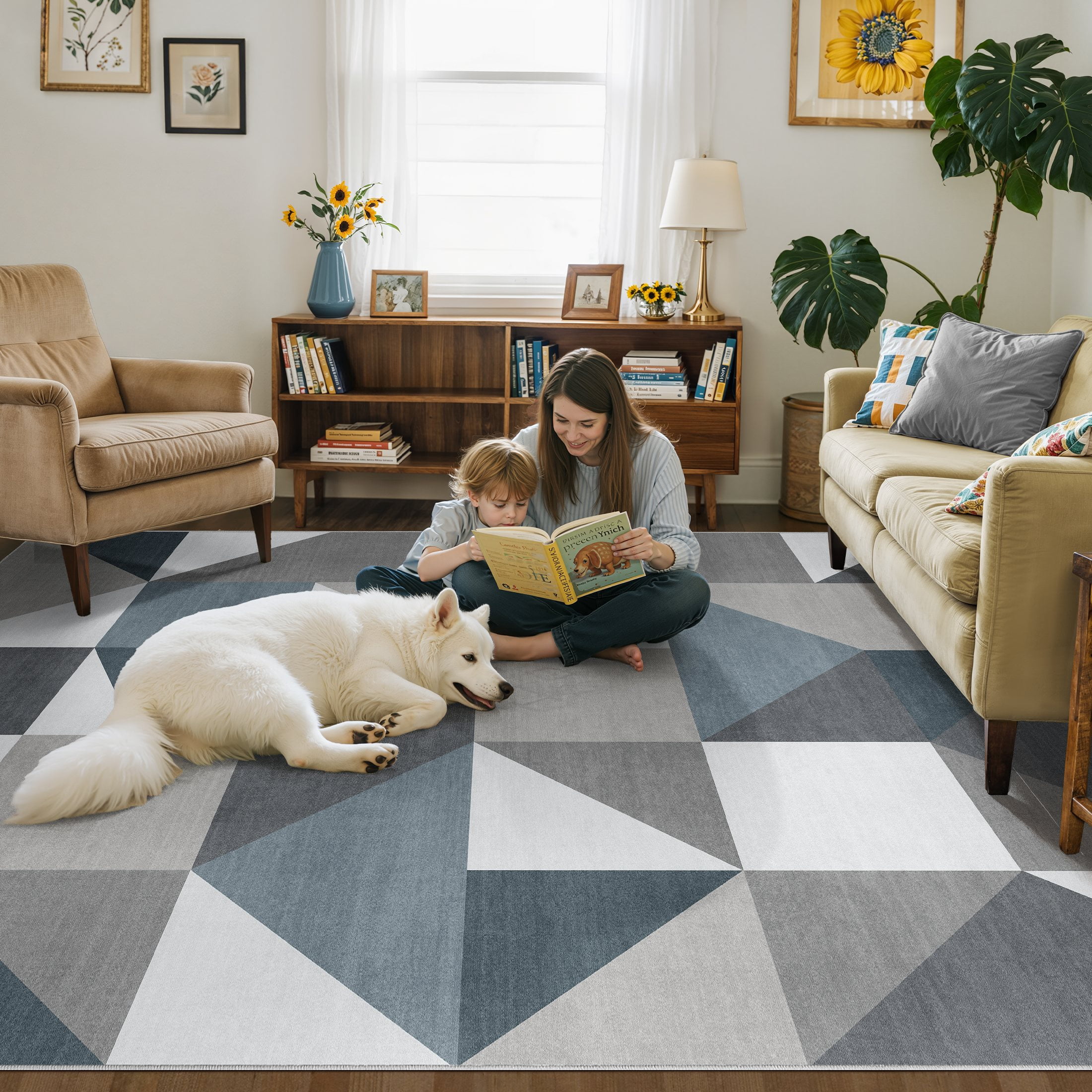 MICGEEK 9x12 Washable Area Rugs for Living Room, Modern Geometric Printed Rug, Vacuum-Friendly, Non Slip Indoor Rug for Bedroom Dining Room Home Decor Carpet, Blue&Gray