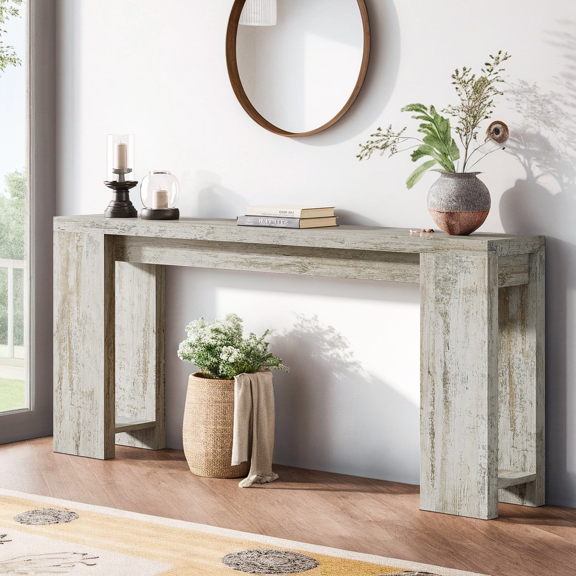 Demi Bonn 70.9" Wood Console Table, Farmhouse Sofa Table Entryway Table with Storage, Foyer Display Table, Light Gray