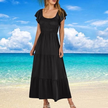 LOVZFMLL Women's Summer Casual Short Sleeve Neck Smocked Elastic Waist Tiered Line Maxi Dress With Pockets Black S