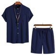 thumbnail image 4 of Birdeem Ensemble 2 Pcs d'Été pour Hommes Col Montant Mode Chemise Décontractée Manches Courtes et Shorts Ensemble Col Rabattu, 4 of 12