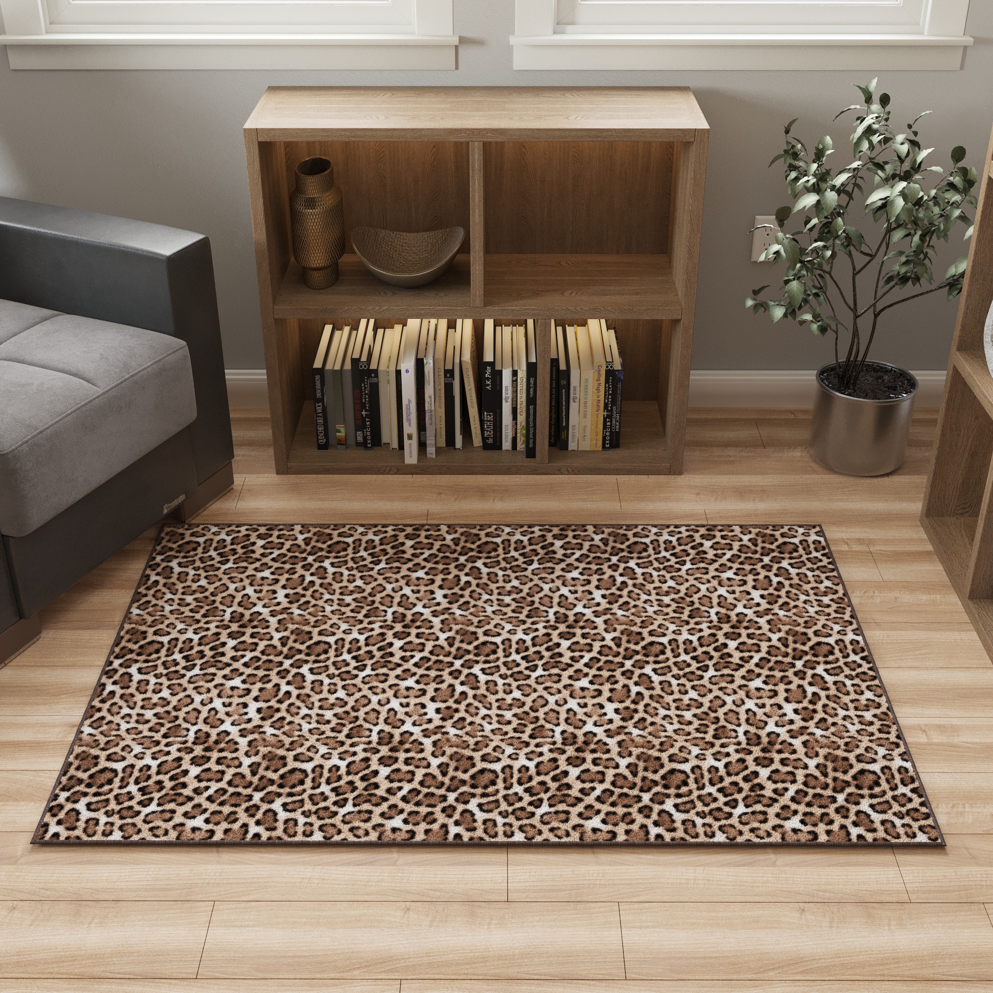 Ottomanson Non-Slip Washable Area Rug for Living Room Durable Low Profile Bedroom Carpet 3'3" x 4'6" Leopard Print Brown