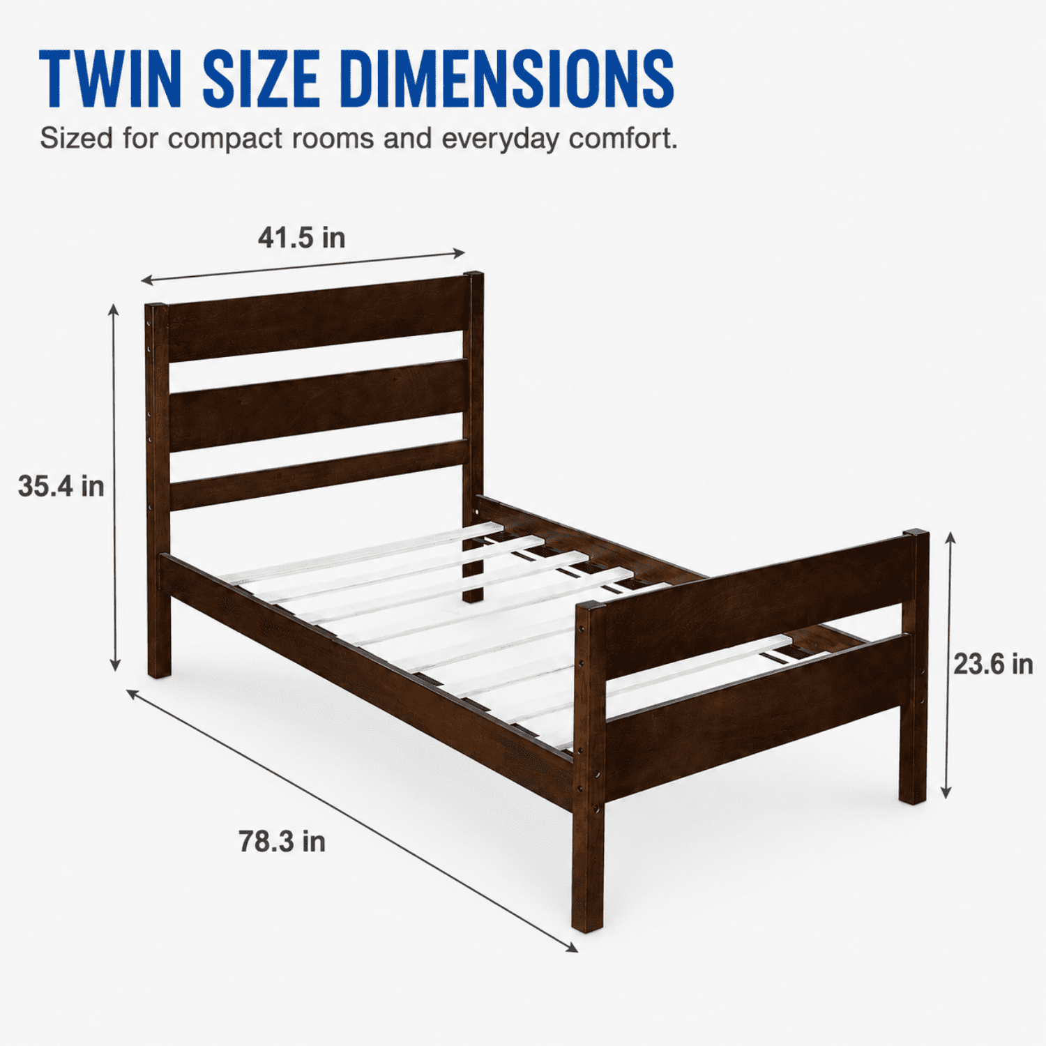 Miniyam Twin Bed Frame, Solid Rubber Wood Platform Bed with Headboard and Footboard, Espresso