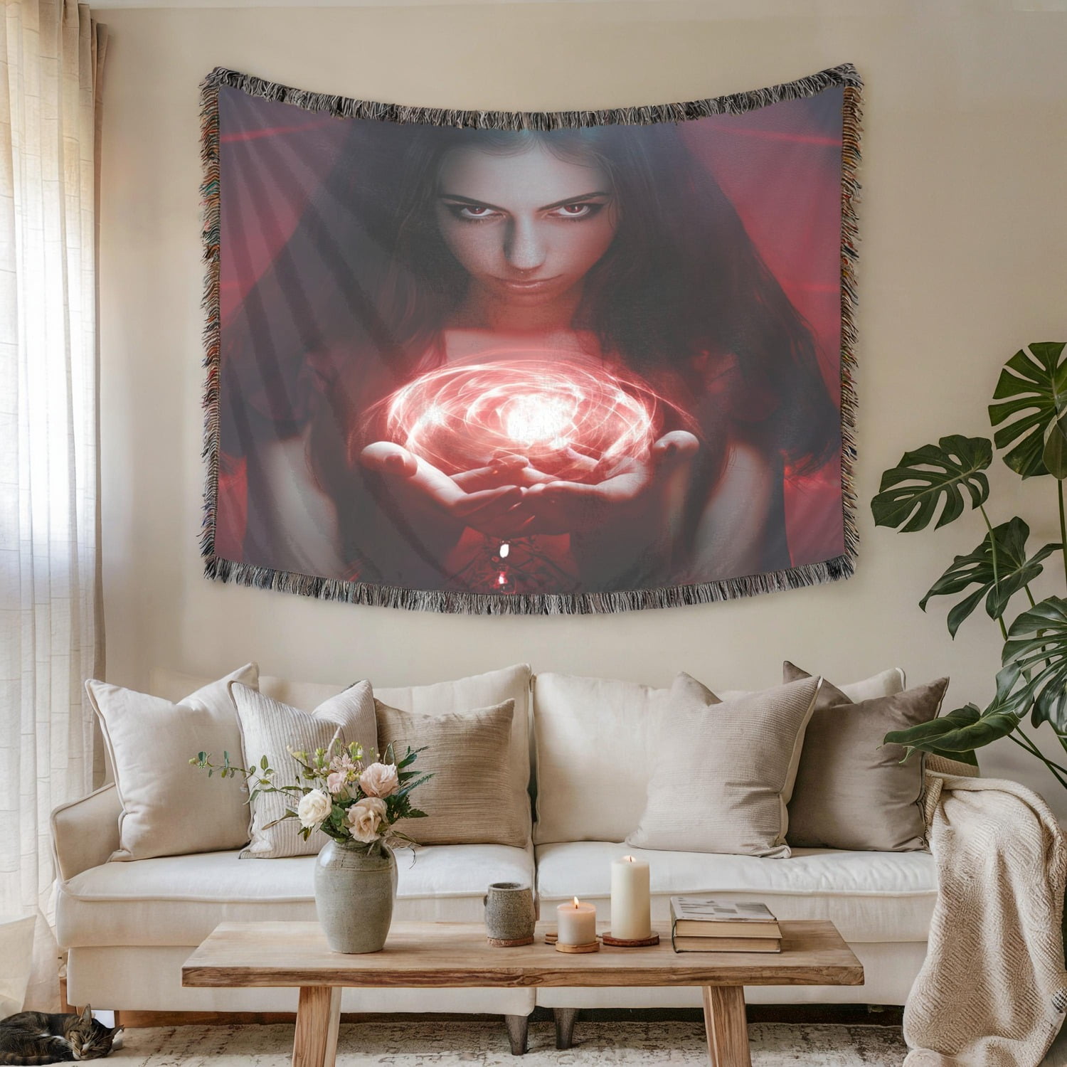 Gothic Boho Woven Throw Blanket Cotton with Fringed Edges for Couch Decor