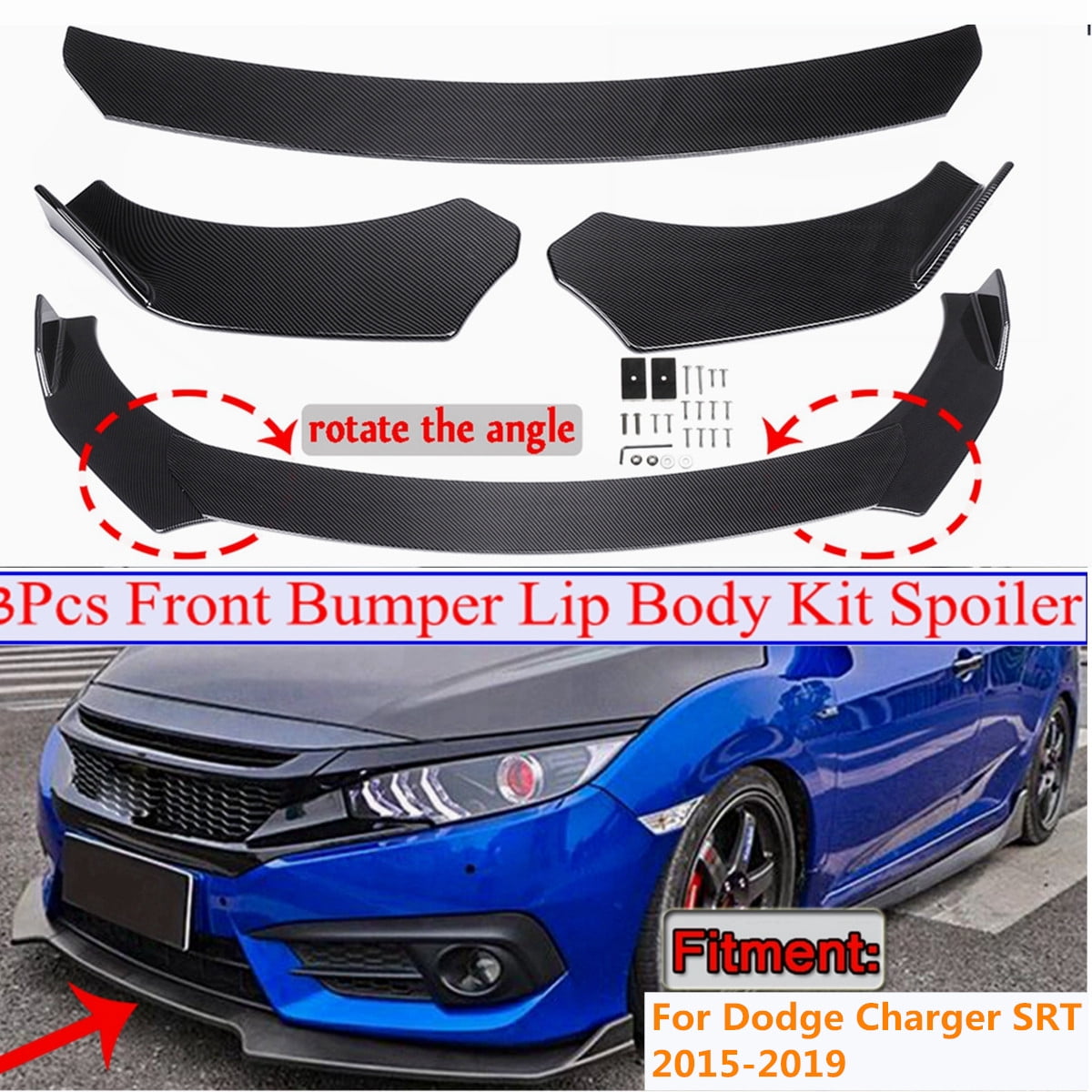 V2 Style Carbon Fiber Print ABS Plastic Front Air Dam Chin Splitter Lower Protector 3PCS FREEMOTOR802 Compatible With 2015-2022 Dodge Charger SRT Front Bumper Lip 