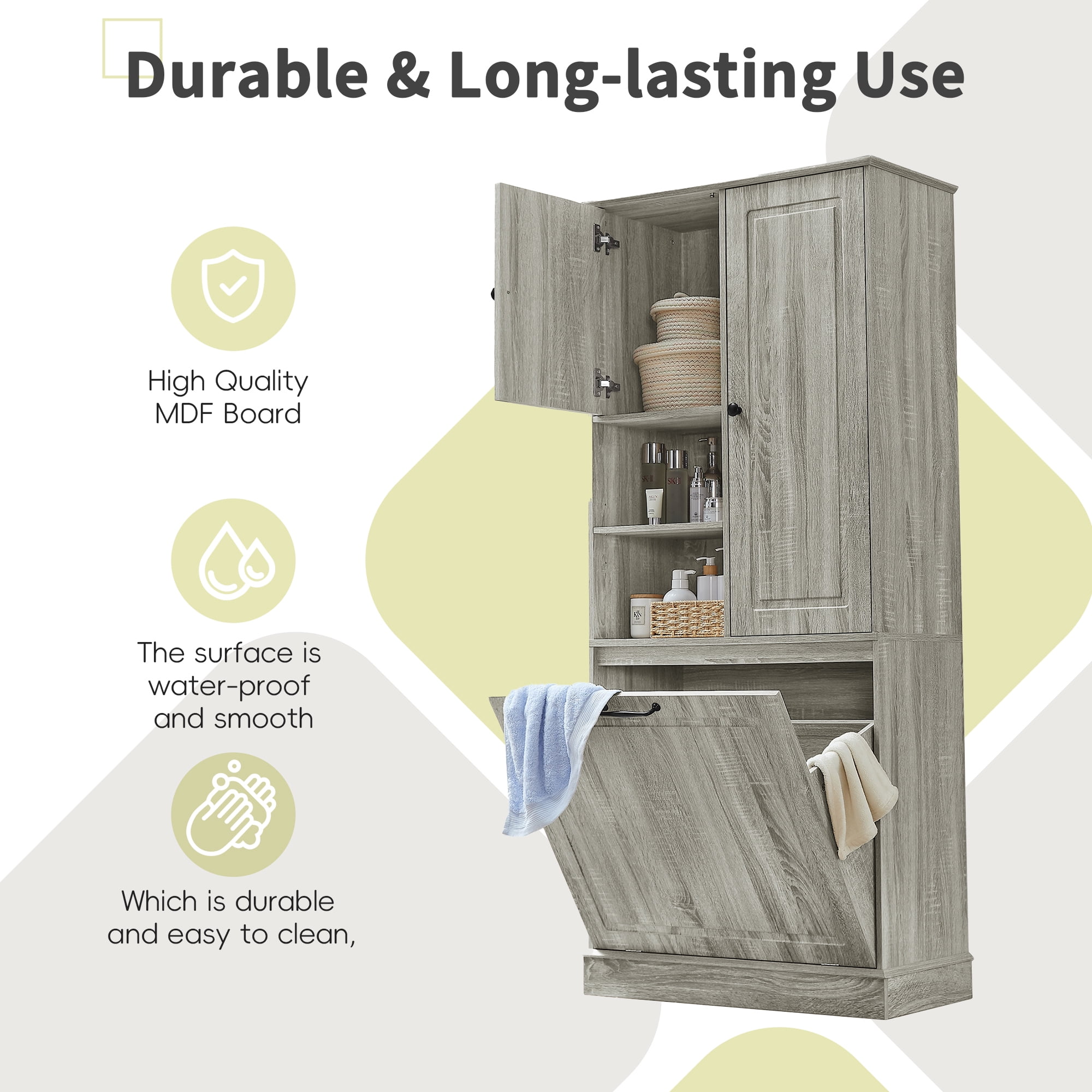 Euroco Tall Storage Cabinet with Adjustable Shelves, Large Flip-Out Basket & Enclosed Cabinets – Perfect for Bathroom, Living Room, or Office, MDF Material with Aluminum Alloy Handles