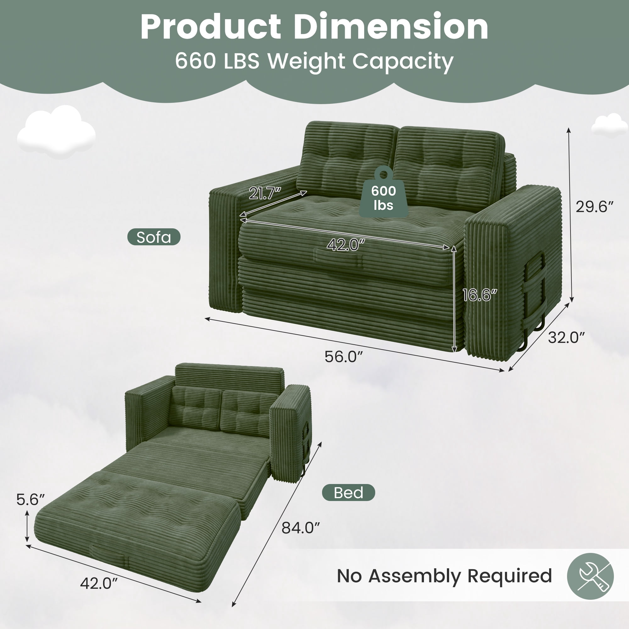 Erinnyees 2-in-1 Sleeper Sofa, No Assembly Corduroy Loveseat, Converts to Bed with Deep Seat & 2 Included Pillows