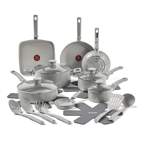 Ensemble de Batterie de Cuisine T-Fal Refresh en Céramique 20 Pcs avec Ustensiles Gris Lune