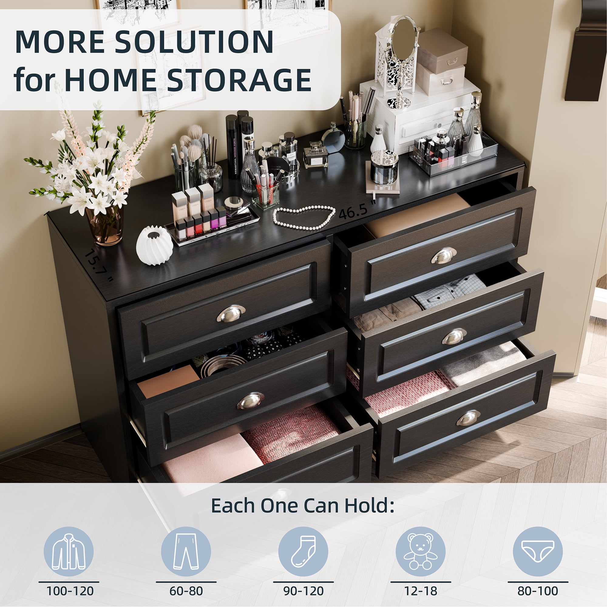 Walsunny 6 Drawer Wooden Dressers for Bedroom Adult with Metal Handles Modern Chest of Dresser Organizer Wood Storage Cabinet Black