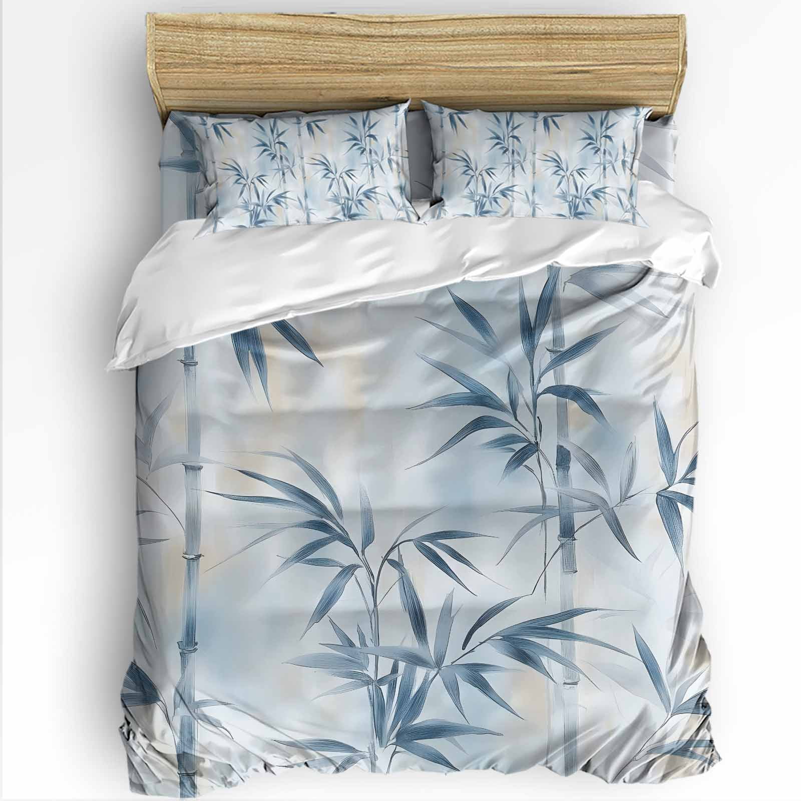Bamboos Leaf Queen Duvet Cover Set, Abstract Blue Leaves Branches Watercolor 4 Piece Microfiber Bedding Set with Zipper Closure, Bed Sheet and 2 Pillow Shams, Soft Bedding Cover
