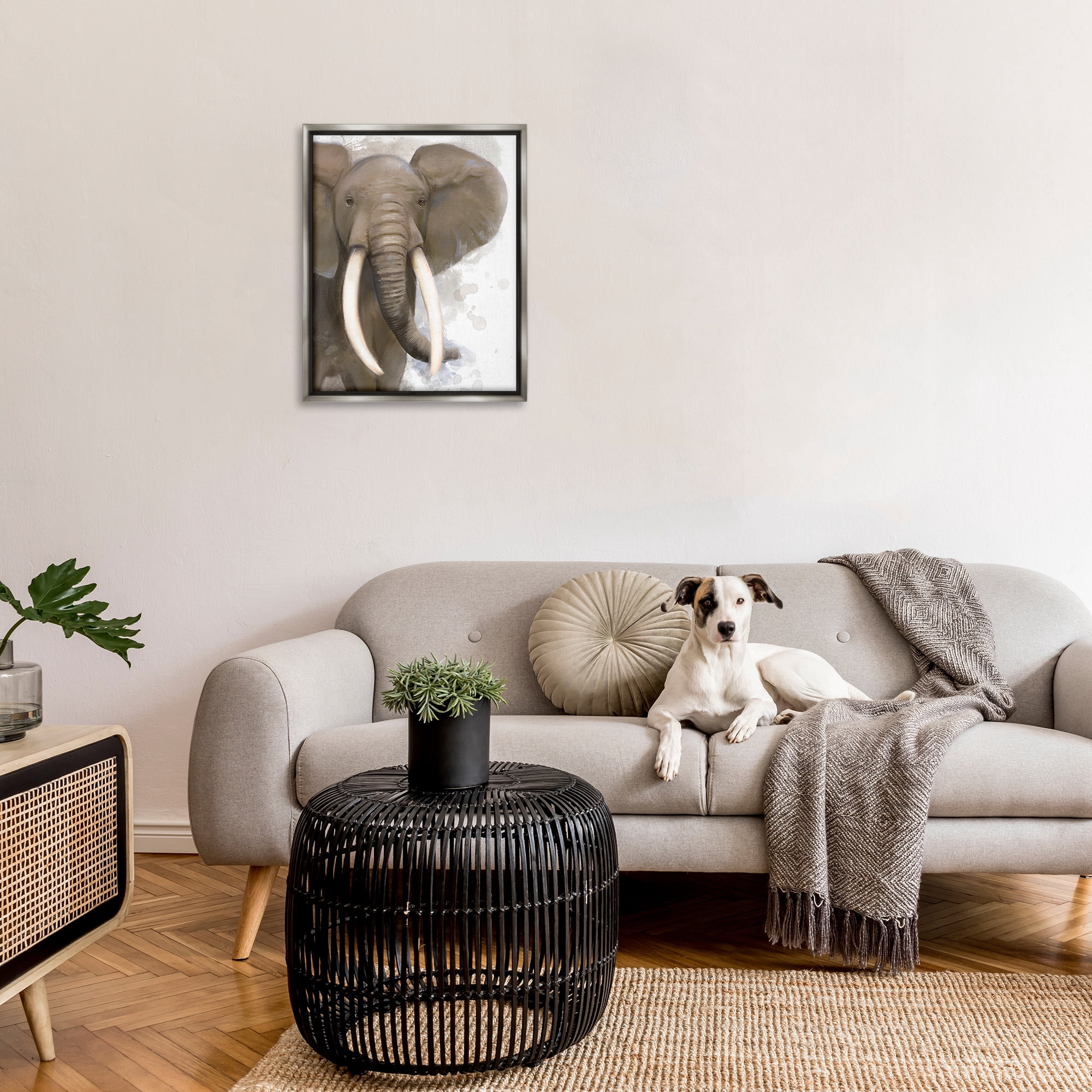 Stupell Industries Elephant & Modern Splash Animals & Insects Painting Gray Floater Framed Canvas Art Print Wall Art, 25 x 31