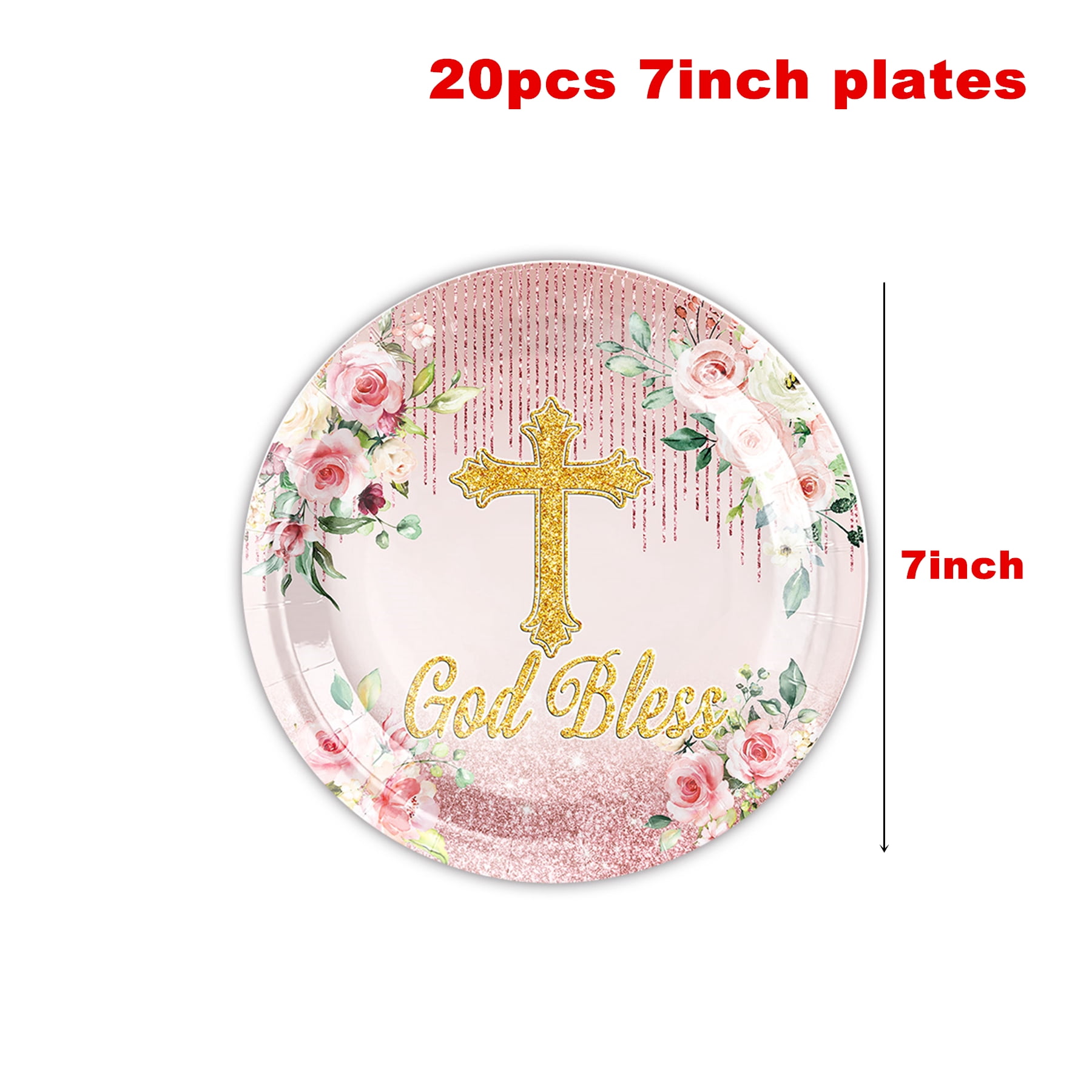 161 Pcs Pink God Bless Tableware Set, Baptism First Holy Communion Party Decorations Supplies for Newborn Baby Shower, Baptism Church Cross White Floral, Serves 20 Guests