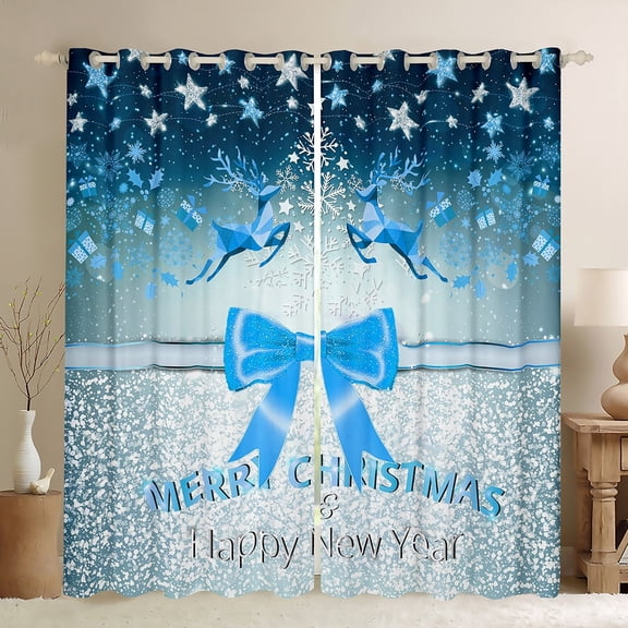Feelyou Bowknot Ribbon Curtains Pack of 2 (42x84 Each) for Kid, Christmas Snowflake Curtains Blackout, Blue Sequin Print Bedroom Curtains, Blackout Curtains Home Decor