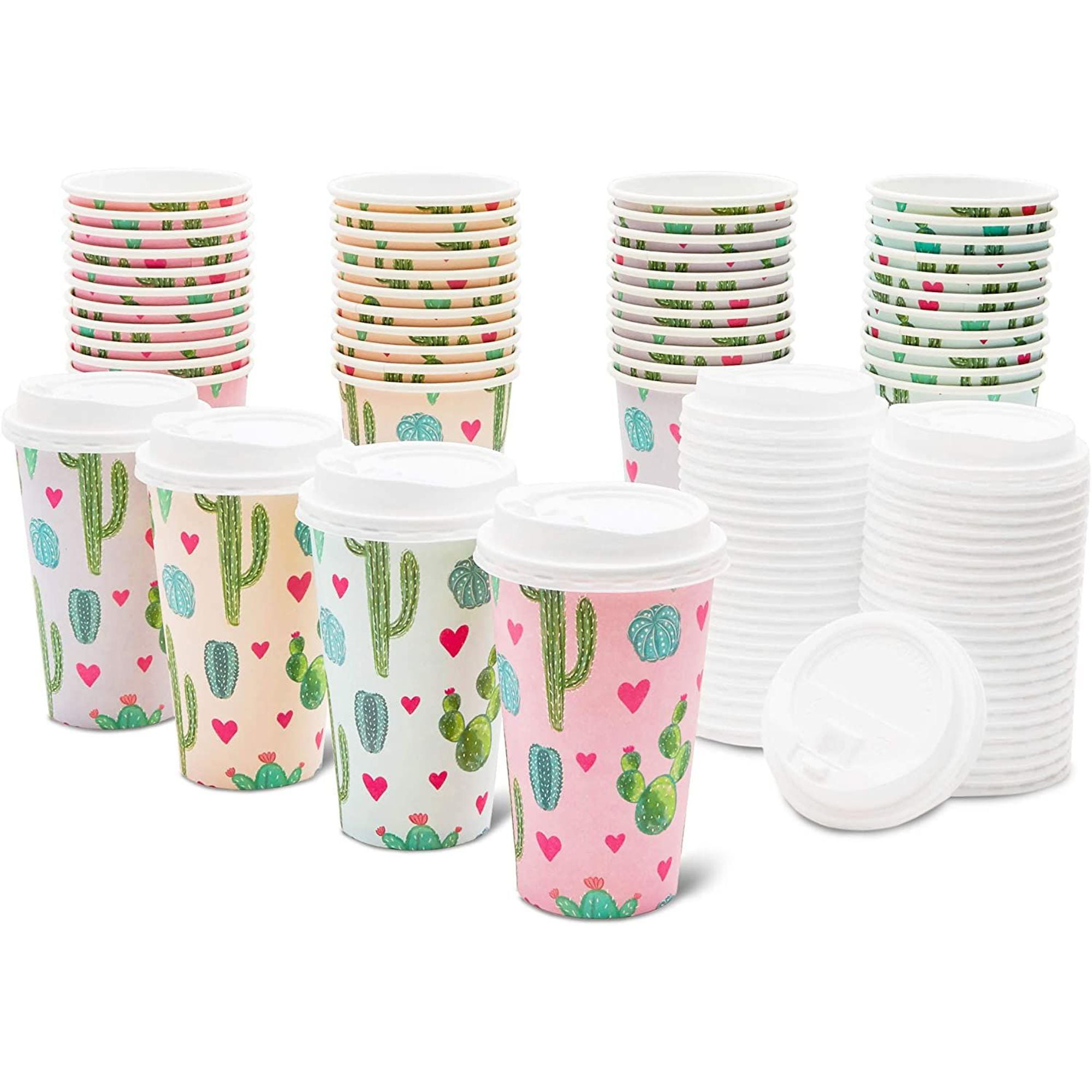 Hot White Paper Coffee Cups with Lids 16oz - 100 Set Disposable Paper Cups 