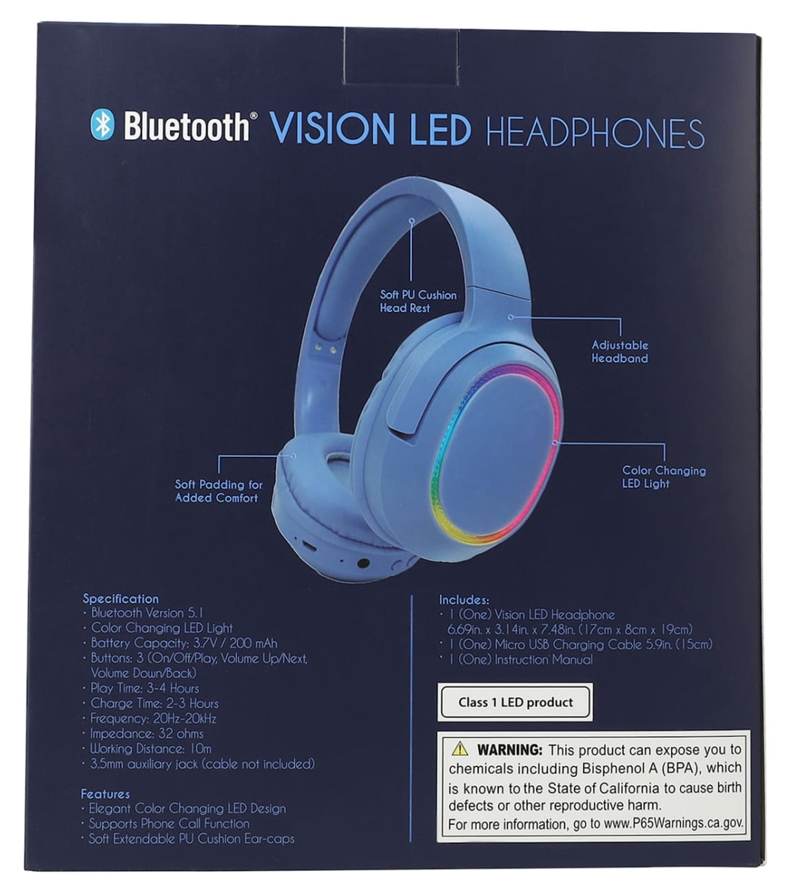 Vision LED Headphone with USB Charging Cable, Instruction Manual, Blue, New, 1 Count, 1 Pack