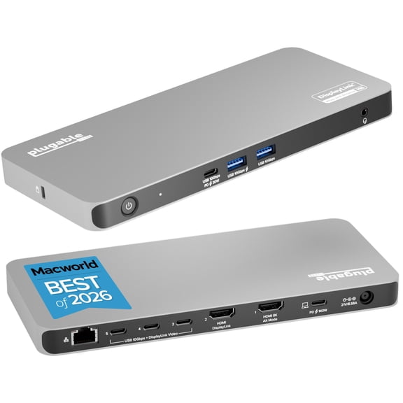 Plugable USB C Docking Station 5 Monitors, 140W DisplayLink Dock Connects up to Five 4K Displays for MacBook Windows Thunderbolt 4 Laptops
