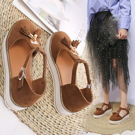 

LnjYIGJ Women s Sandals Summer Tassel Baotou Hollow T-shaped Platform Shoes Suede Buckle Sandals