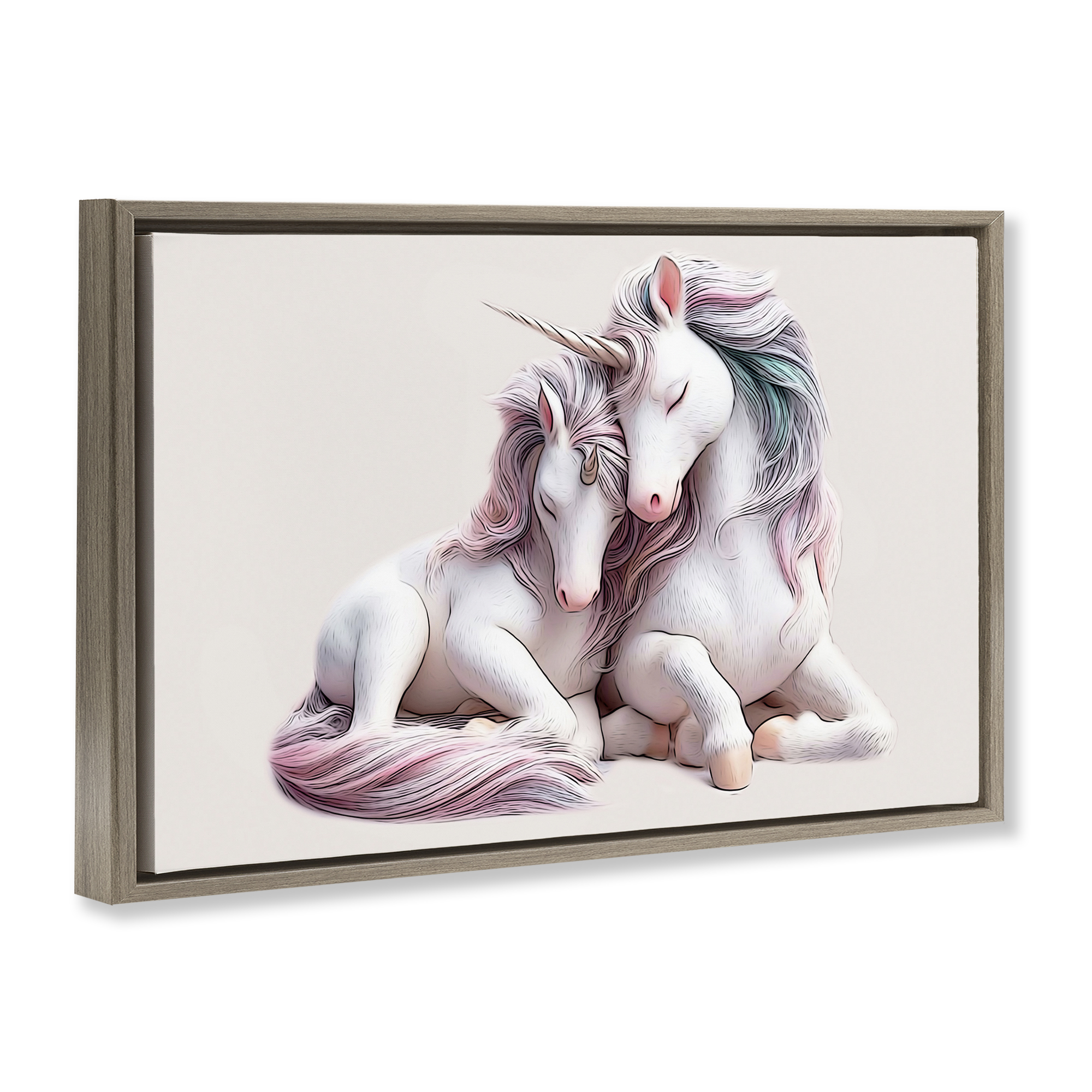Stupell Industries Hugging Unicorn Pair Animals & Insects Painting Brown Floater Framed Art Print Wall Art, 25 x 17