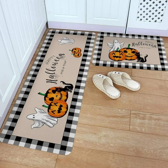 Kitchen Rug Mat Halloween Pumpkins Cat Ghost, Set of 2, Anti-Fatigue Non-Skid Washable Kitchen Runner Rugs, Buffalo Check Black White Soft Comfort Rug for Kitchen, Floor Home, Front of Sink, Laundry