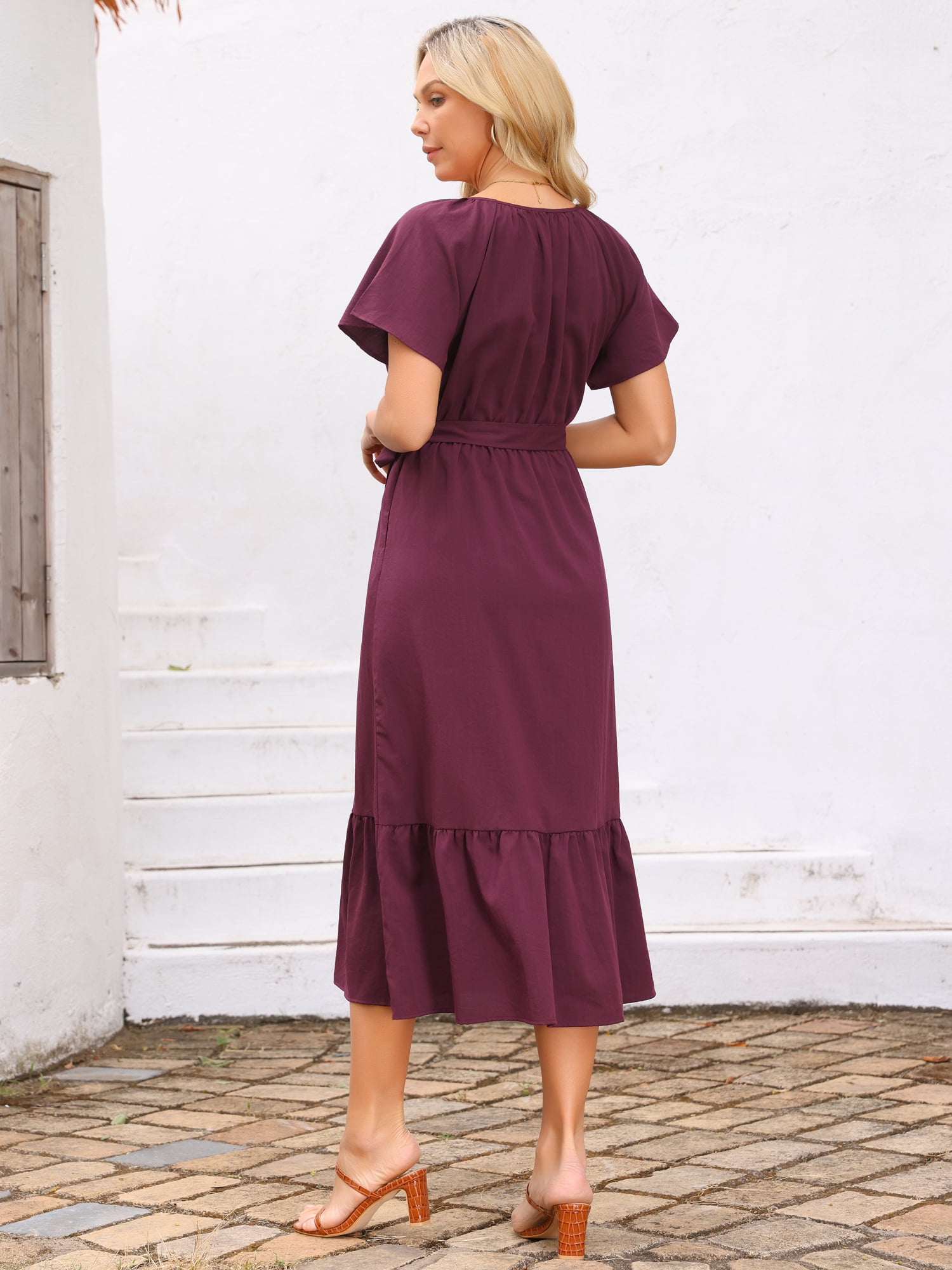 DARING DIVA Women's Flutter Short Sleeve Maxi Dress with Tie Waist XL Wine Red
