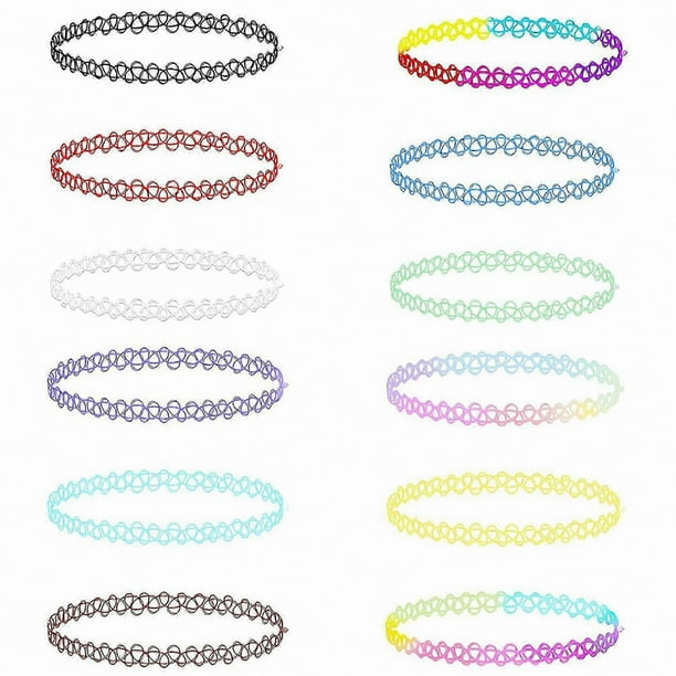 Multicolor Plastic Choker Necklace Set for Women, Teens, and Kids - 12 Pack Stretch Elastic Jewelry with Henna Tattoo Design Gifts