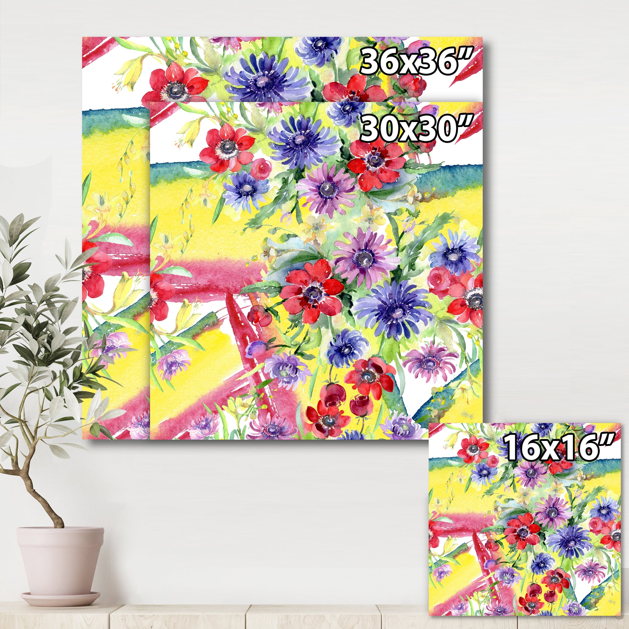 Wildflowers and Vibrant Wild Spring Leaves V 30 in x 30 in Painting Canvas Art Print, by Designart