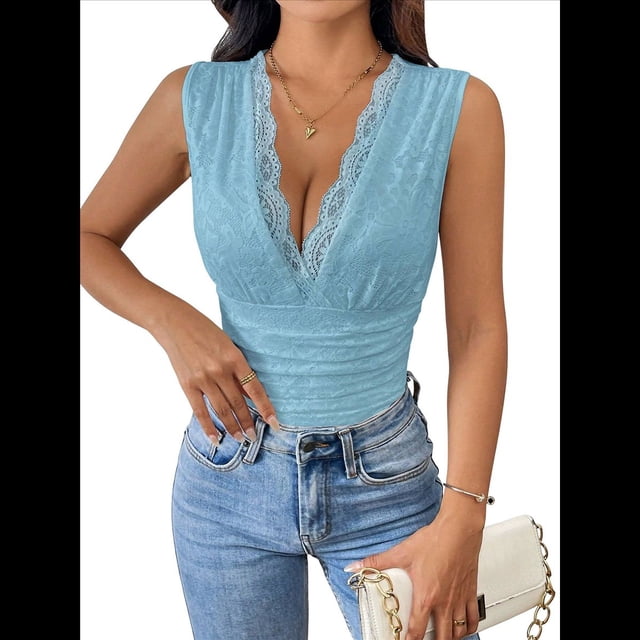 Body de Encaje Transparente para Mujer, Sin Mangas, con Escote en V Profundo Azul L