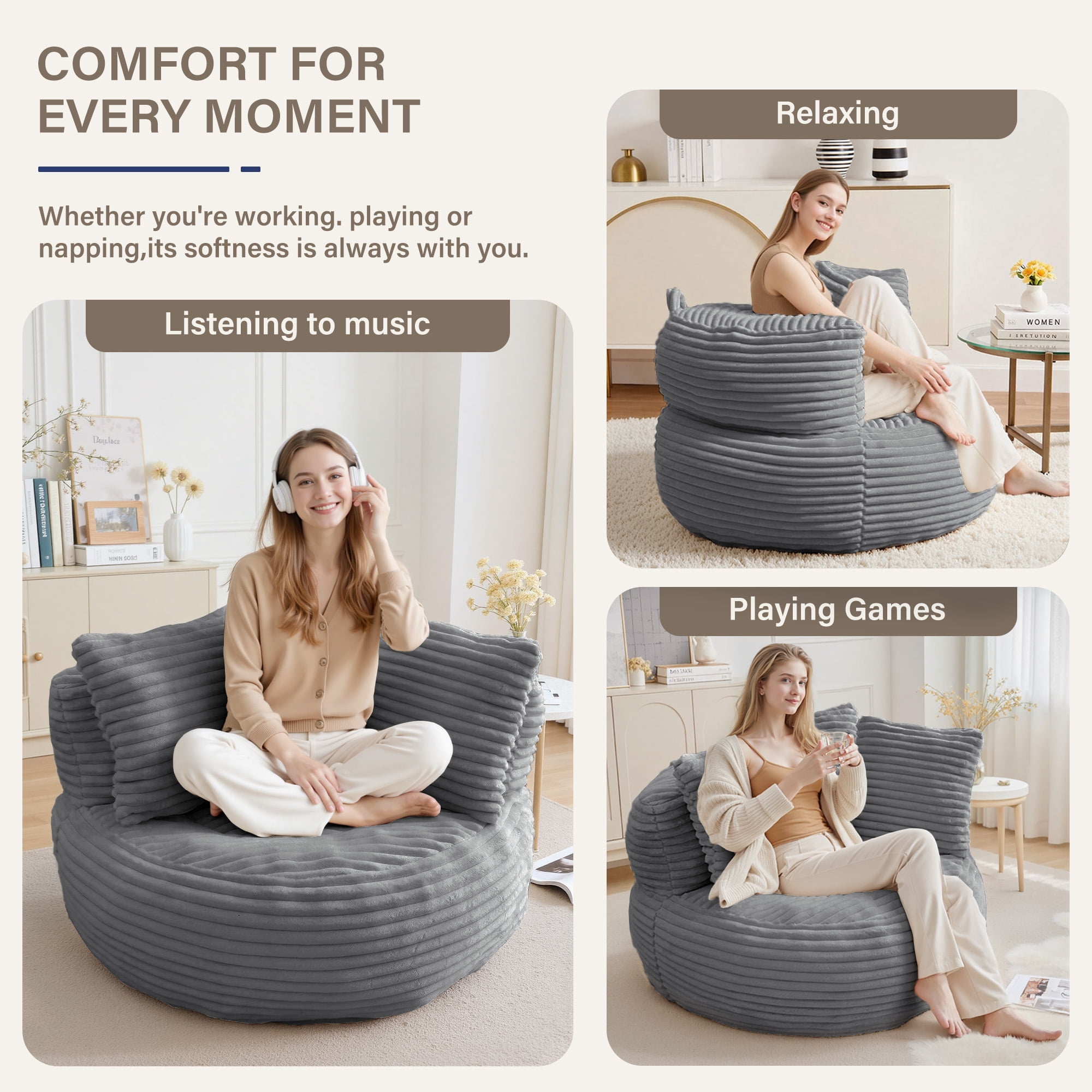 YINIX Oversized Bean Bag Chair with Backrest and Cushion, Cozy Round Floor Sofa for Living Room, Gray