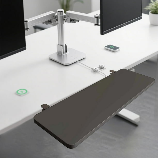 Bandeja para teclado de escritorio, tablero de extensión de escritorio, plegable, ahorra espacio, abrazadera para montaje en mesa, fácil instalación, Negro