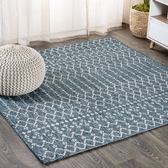 JONATHAN Y SANTA MONICA 5' Square Area Rug, Ourika Moroccan Geometric Textured Weave - Teal/Gray, SMB108C-5SQ