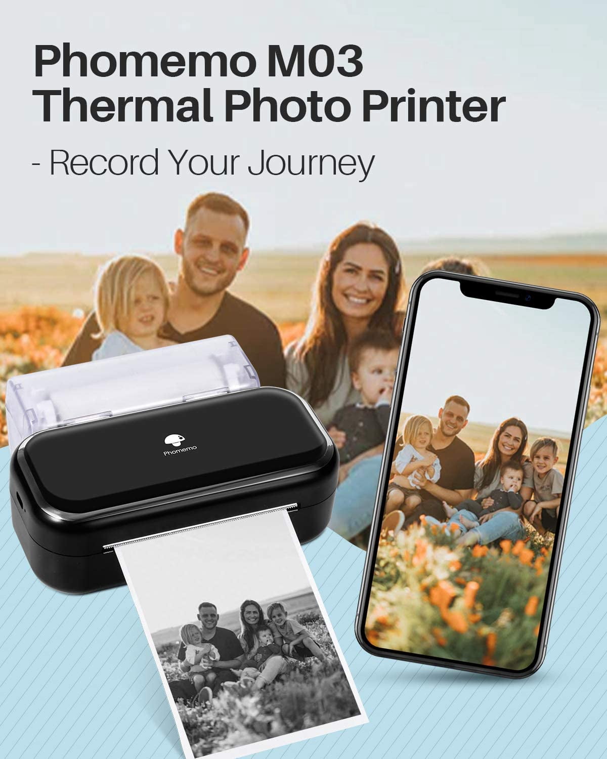 Phomemo M03 Portable Bluetooth Thermal Note Printer - Compatible With 53mm(2inch)/80mm(3inch) Paper Perfect for Notes, Photos, Lists, and More - Gift for Christmas in Stylish（Black）