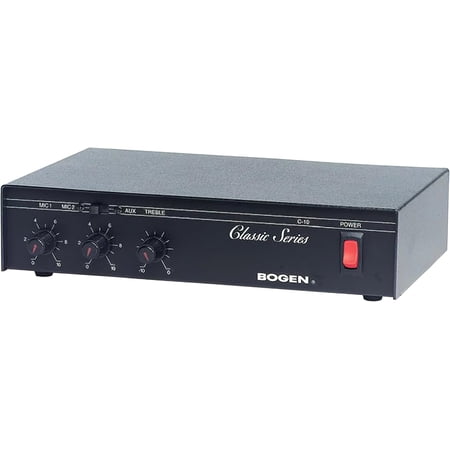 Bogen C10 Public Address Mixer Amplifier, 10 Watts, Commercial PA Amplifier, Transformer Output Taps 4/8/16 Ohm, 25V 70V, Treble and Bass Controls, Thermal Protection, Rack Mountable