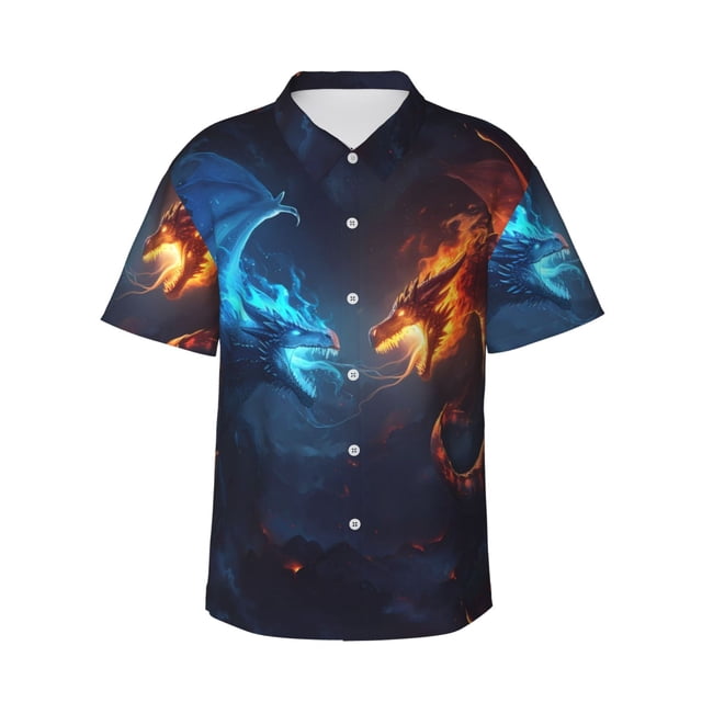 Fotbe Red And Blue Fire Dragon C Camisa Hawaiana para Hombre Unisex – Camisa Casual de Verano con Botones de Manga Corta de Algodón y Lino,XX-Large