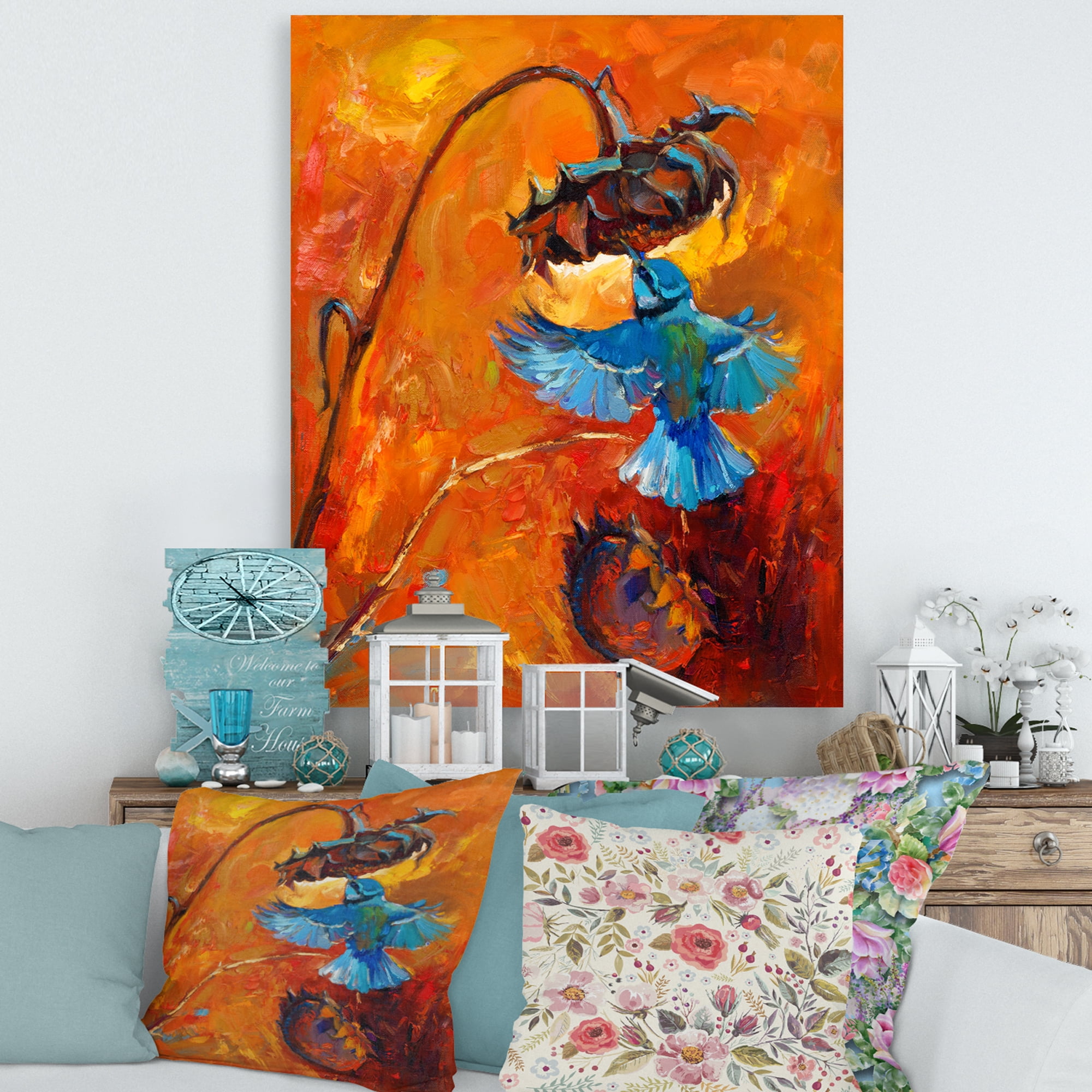 Designart ' Blue Hummingbird On Orange Sunflower ' Traditional Canvas Wall Art Print
